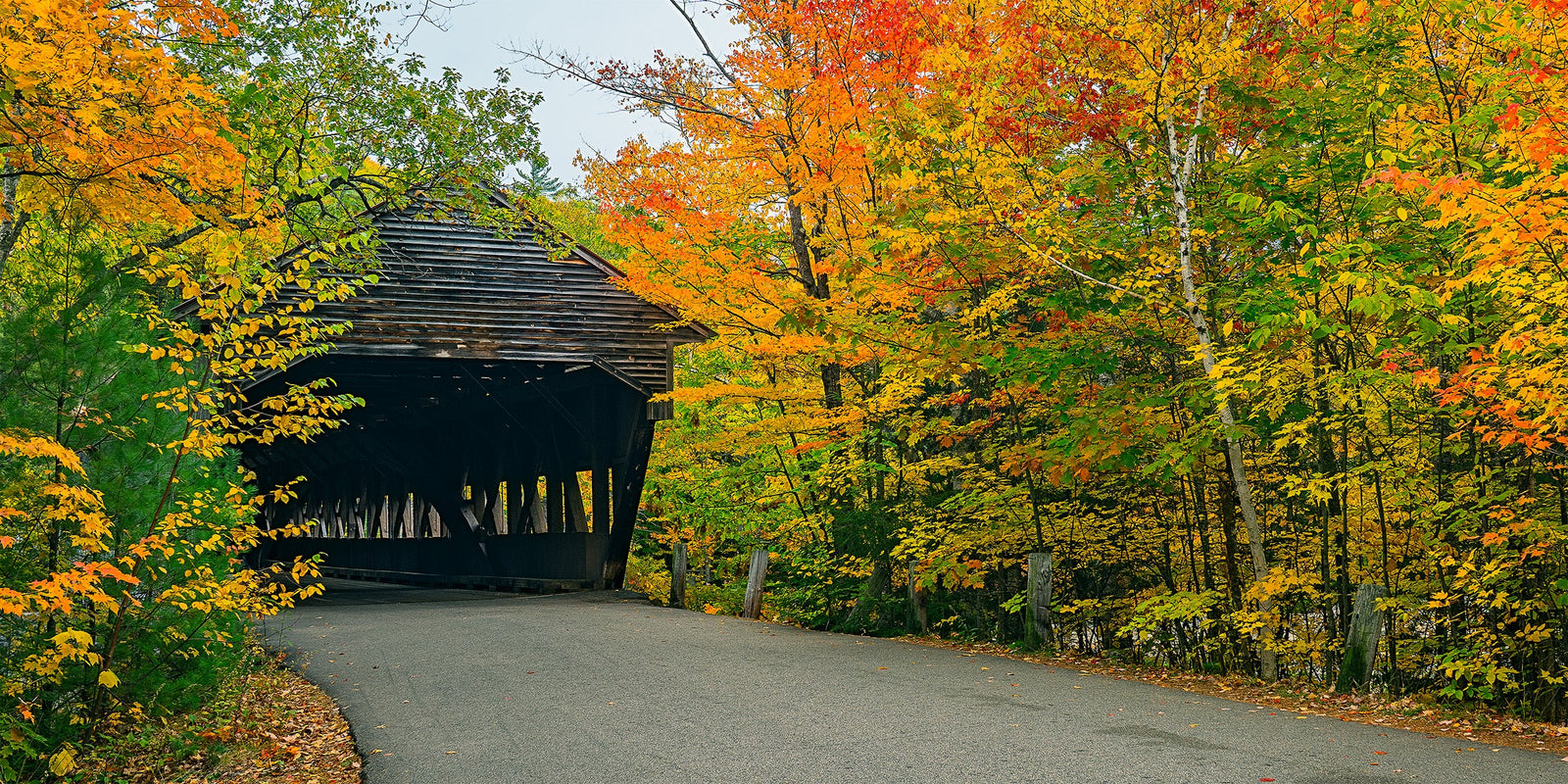 A covered bridge framed by autumn trees in shades of gold, orange, and green