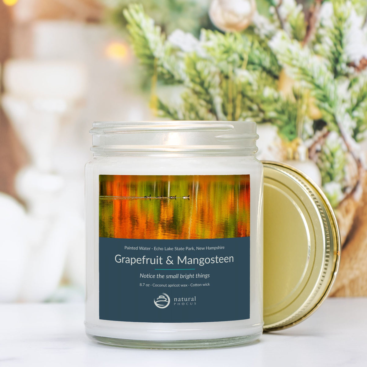 Painted Water Candle in Grapefruit and Mangosteen, a clear glass jar candle with a gold lid, labeled with a photograph of four geese swimming across autumn reflections at Echo Lake State Park, New Hampshire