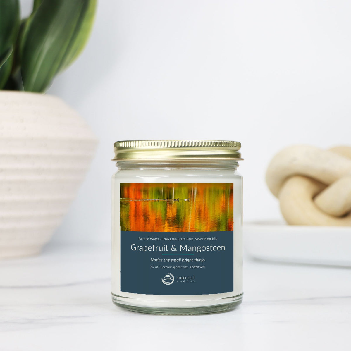 Painted Water Candle in Grapefruit and Mangosteen, a clear glass jar candle with a gold lid, labeled with a photograph of four geese swimming across autumn reflections at Echo Lake State Park, New Hampshire