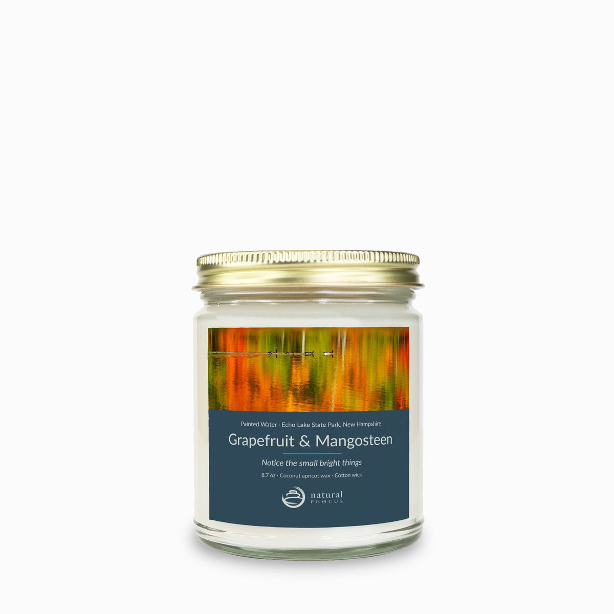 Painted Water Candle in Grapefruit and Mangosteen, a clear glass jar candle with a gold lid, labeled with a photograph of four geese swimming across autumn reflections at Echo Lake State Park, New Hampshire
