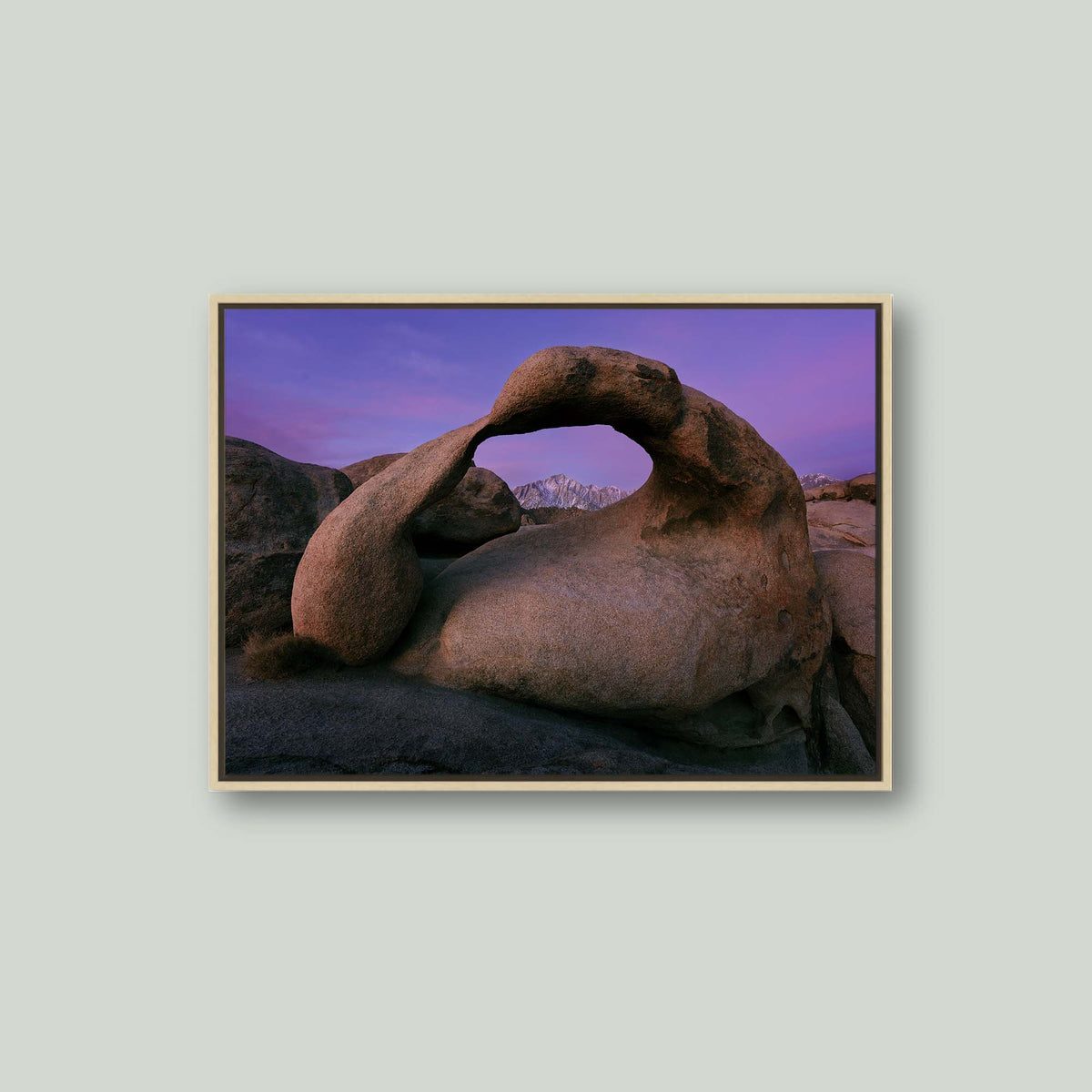 Earth's Embrace, Mobius Arch framing the Sierra Nevada under a violet sky before sunrise in the Alabama Hills, California, as a canvas in a maple floating frame