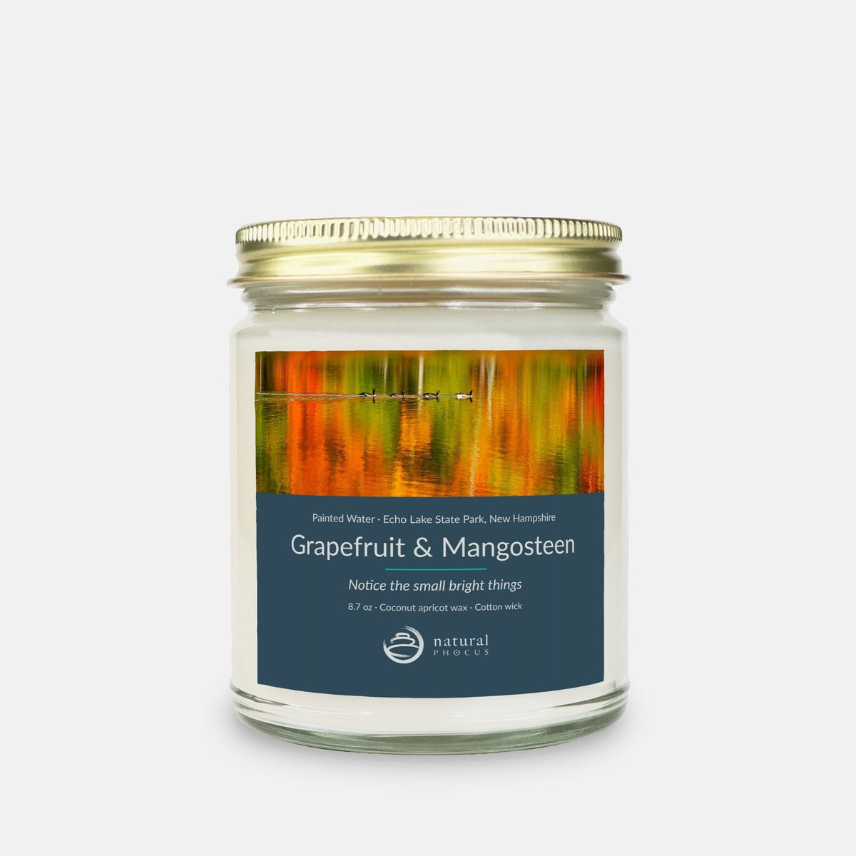 Painted Water Candle in Grapefruit and Mangosteen, a clear glass jar candle with a gold lid, labeled with a photograph of four geese swimming across autumn reflections at Echo Lake State Park, New Hampshire