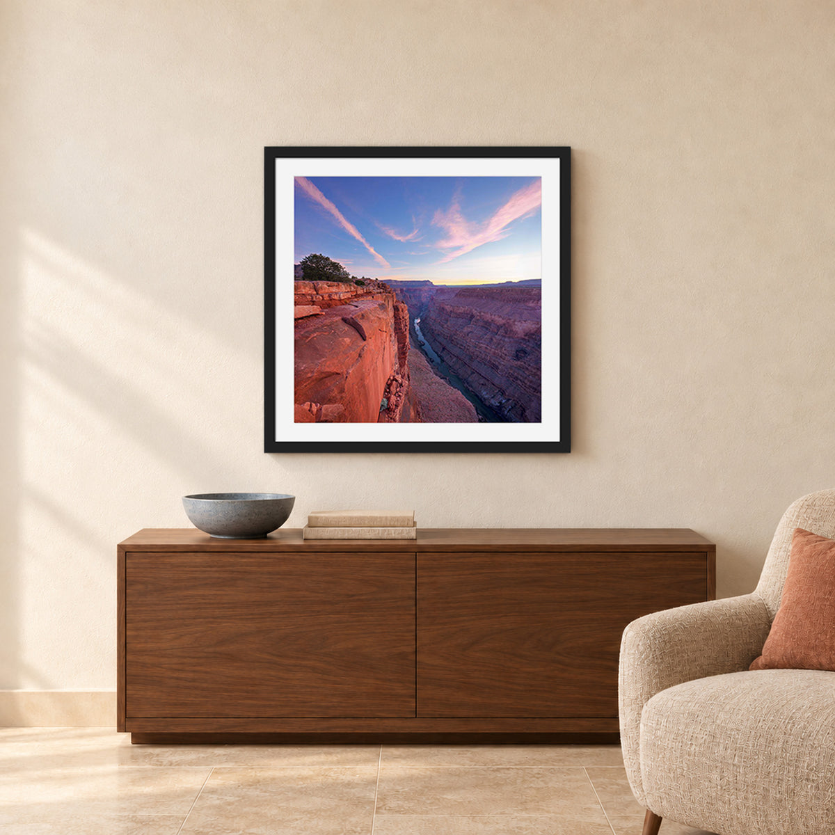 Flight of the Pegasus, wing-shaped clouds above the Colorado River at Toroweap Overlook, Grand Canyon, Arizona, in a black frame shown in a home setting