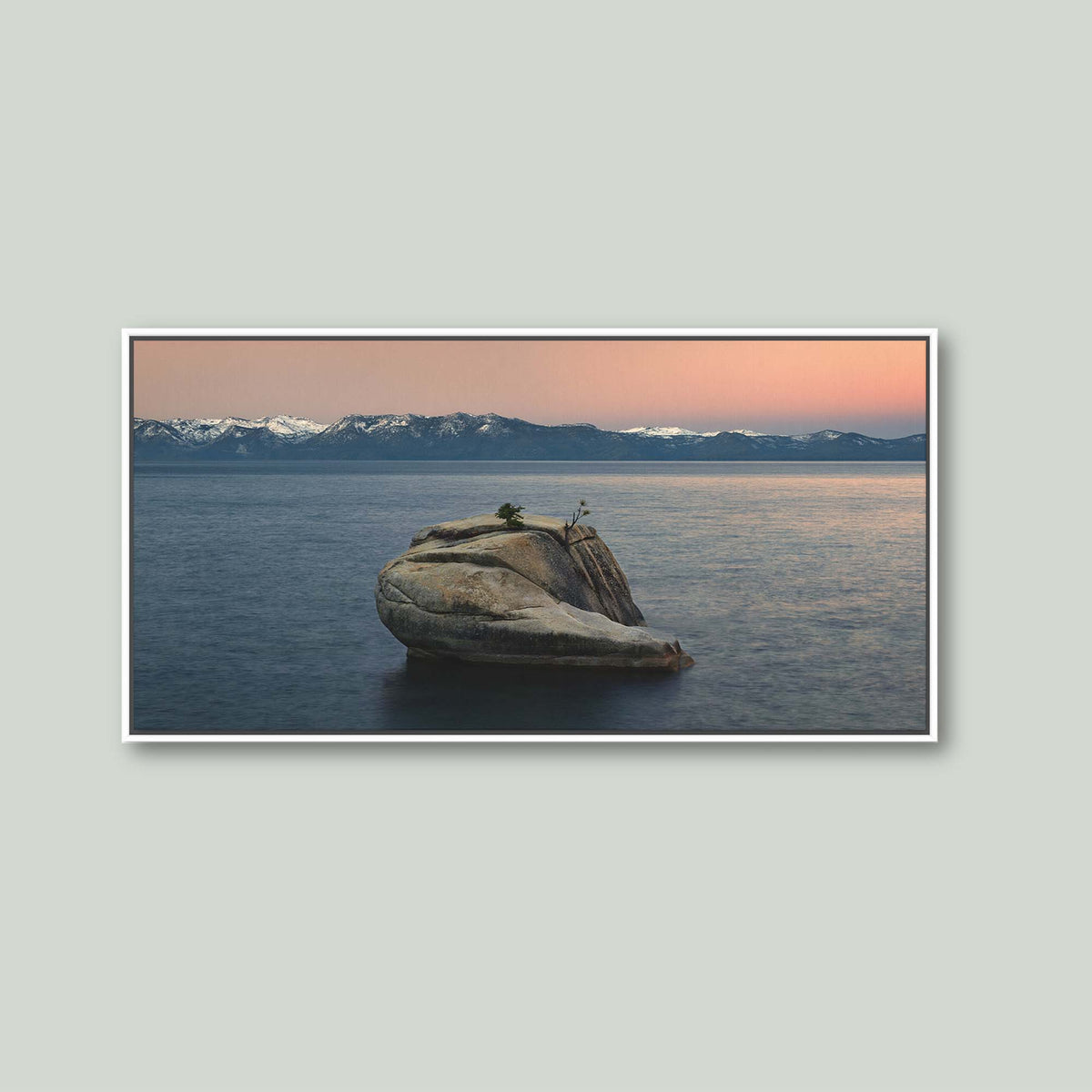 The Heart of Lake Tahoe, a solitary rock with a small tree rising from the still water of Lake Tahoe at sunrise, as a canvas in a white floating frame