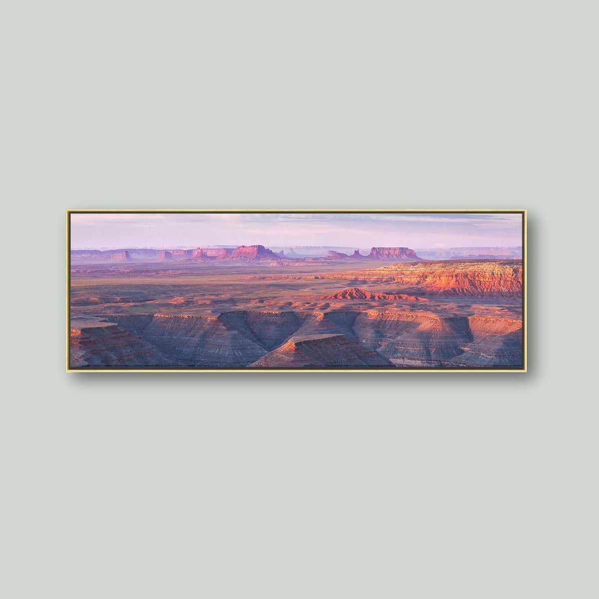 Muley Point, sunrise over the San Juan River canyons with Monument Valley in the distance, from Muley Point in Utah, as a canvas in a maple floating frame