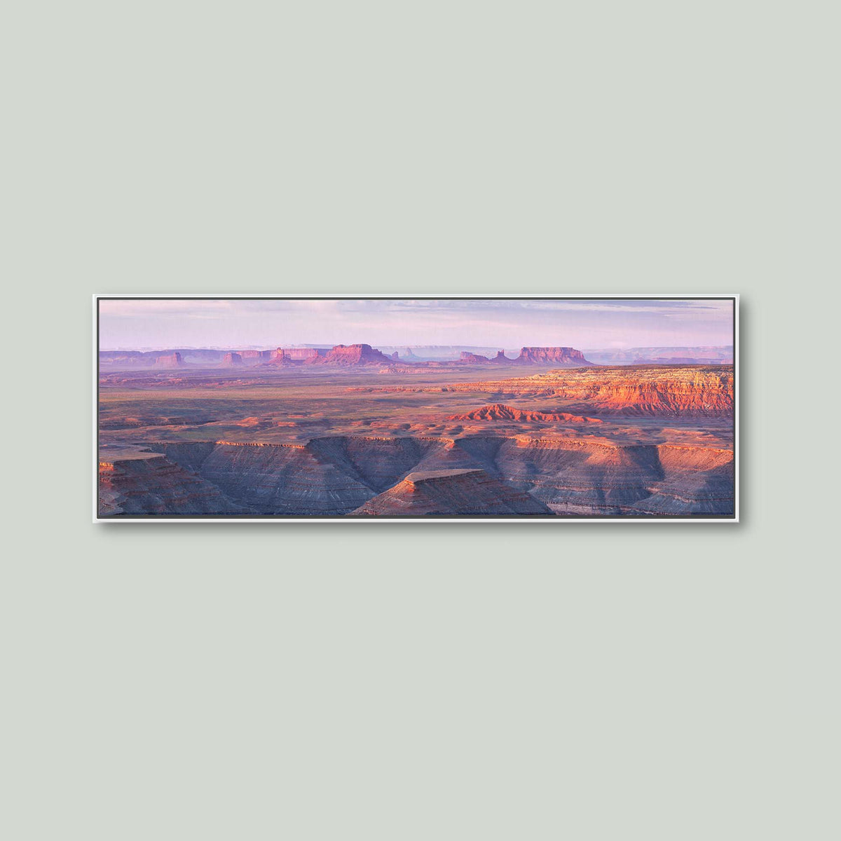 Muley Point, sunrise over the San Juan River canyons with Monument Valley in the distance, from Muley Point in Utah, as a canvas in a white floating frame
