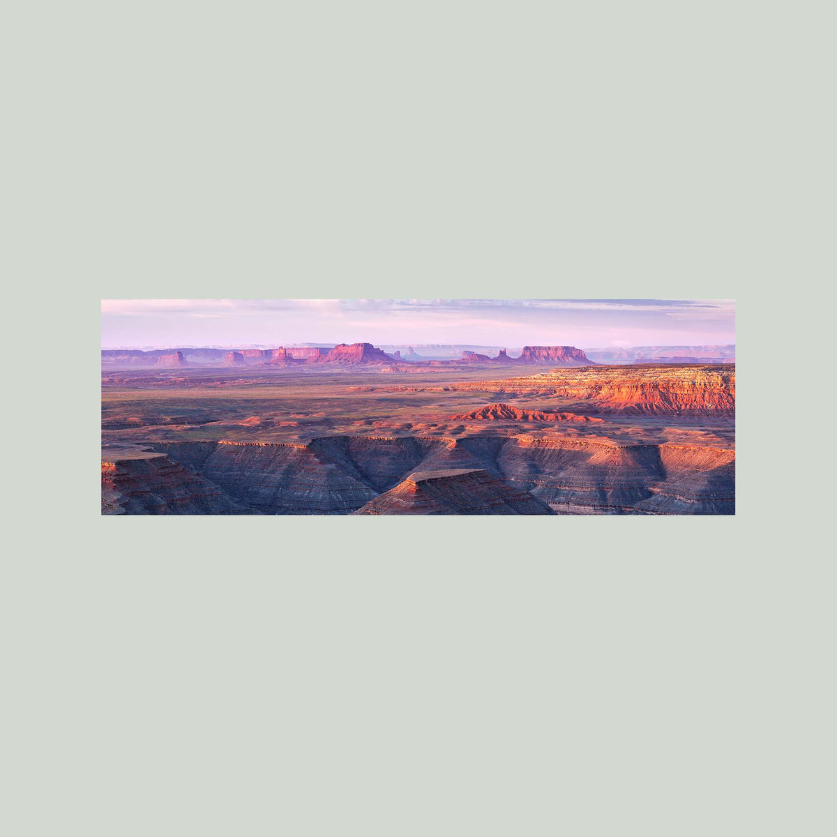 Muley Point, sunrise over the San Juan River canyons with Monument Valley in the distance, from Muley Point in Utah, as an unframed print