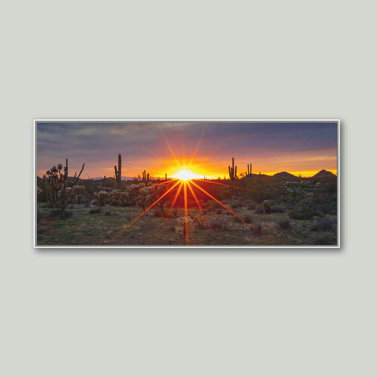 Where the Desert Exhales, a sunset sunburst over saguaro and cholla cacti in the Sonoran Desert of Arizona, as a canvas in a white floating frame