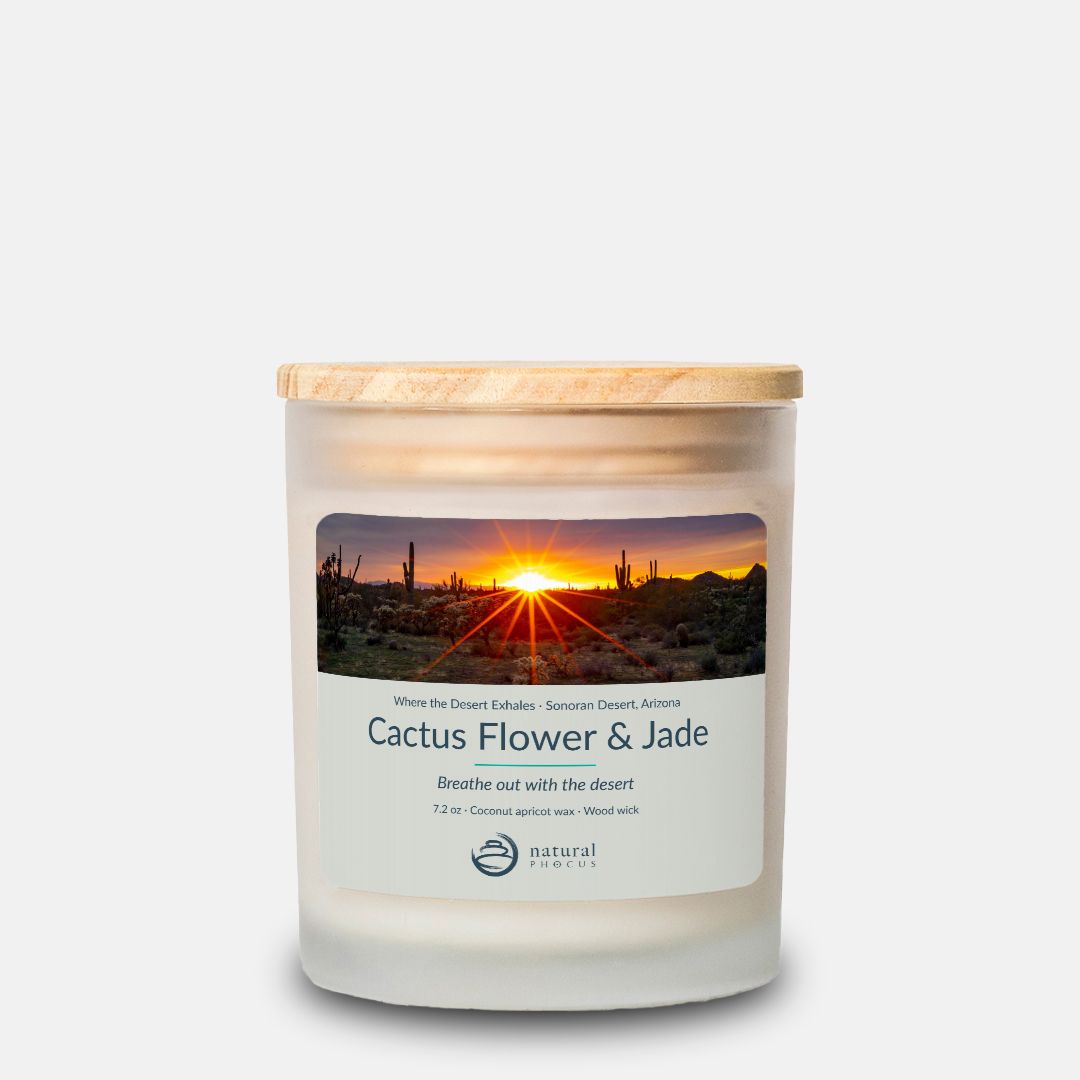 Where the Desert Exhales Candle in Cactus Flower and Jade, a frosted glass candle with a maple wood lid, labeled with a photograph of a sunburst over saguaros and cholla in the Sonoran Desert, Arizona