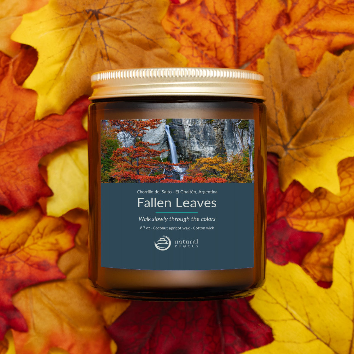 Chorrillo del Salto Candle in Fallen Leaves, an amber glass jar candle with a gold lid, labeled with a photograph of a waterfall framed by red and gold autumn trees near El Chaltén, Argentina