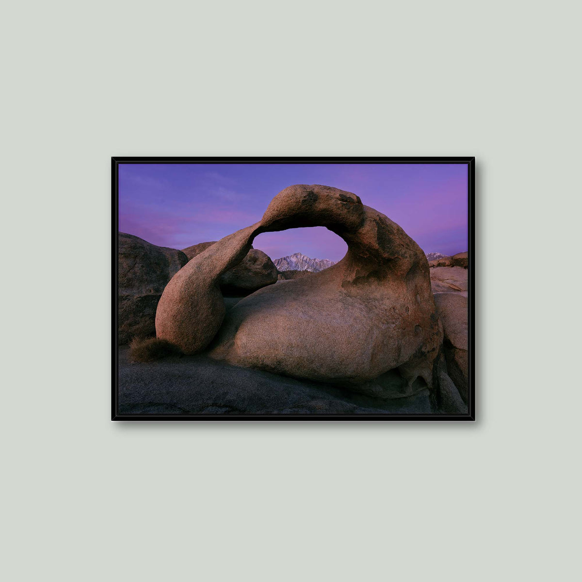Earth's Embrace, Mobius Arch framing the Sierra Nevada under a violet sky before sunrise in the Alabama Hills, California, as a canvas in a black floating frame