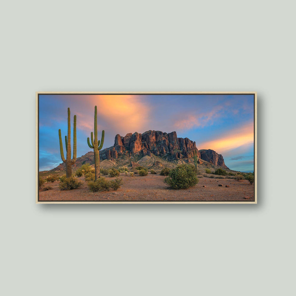 The Gold Was Always Here, saguaro cacti before the Superstition Mountains glowing at sunset in Arizona, as a canvas in a maple floating frame