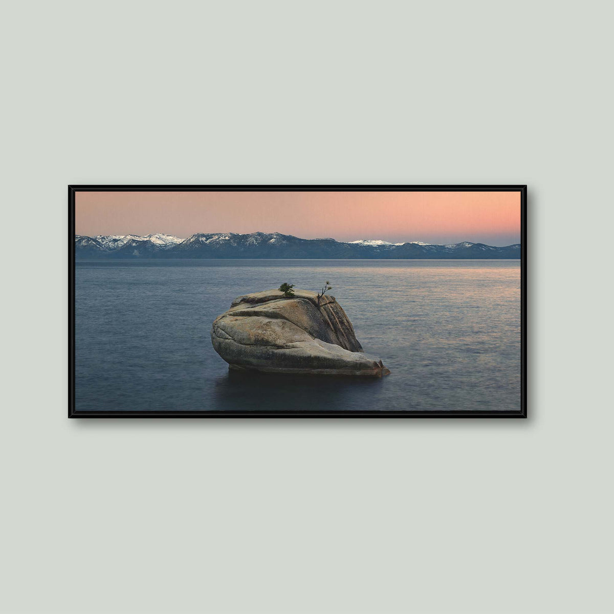 The Heart of Lake Tahoe, a solitary rock with a small tree rising from the still water of Lake Tahoe at sunrise, as a canvas in a black floating frame