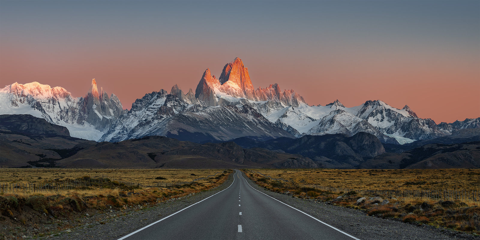 Road leading toward Fitz Roy at sunrise near El Chaltén, Patagonia, Argentina
