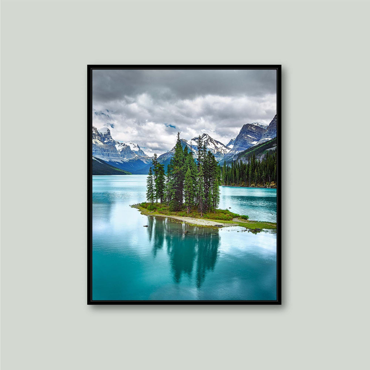 Spirit of Solitude, Spirit Island on Maligne Lake in Jasper National Park, as a canvas in a black floating frame