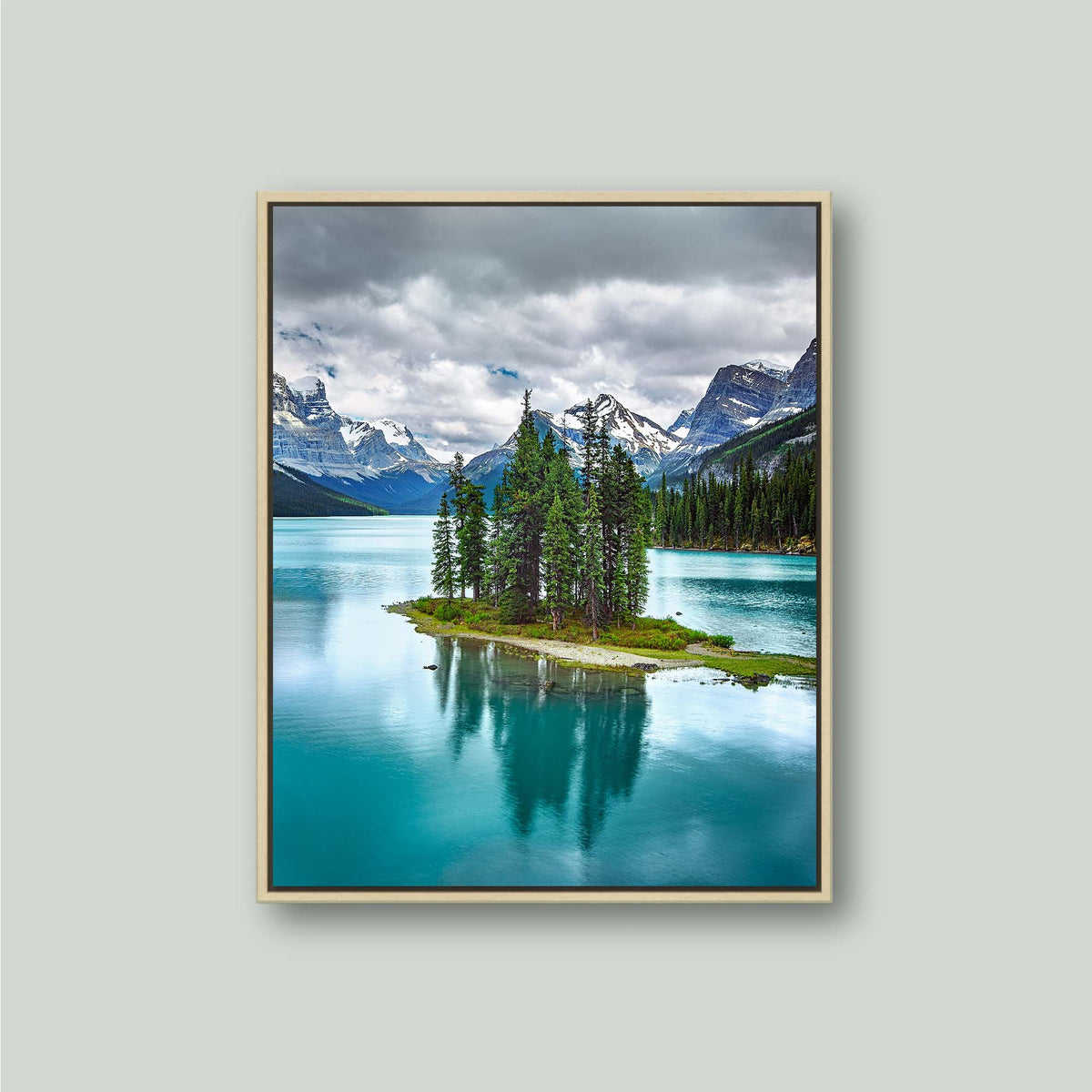 Spirit of Solitude, Spirit Island on Maligne Lake in Jasper National Park, as a canvas in a maple floating frame