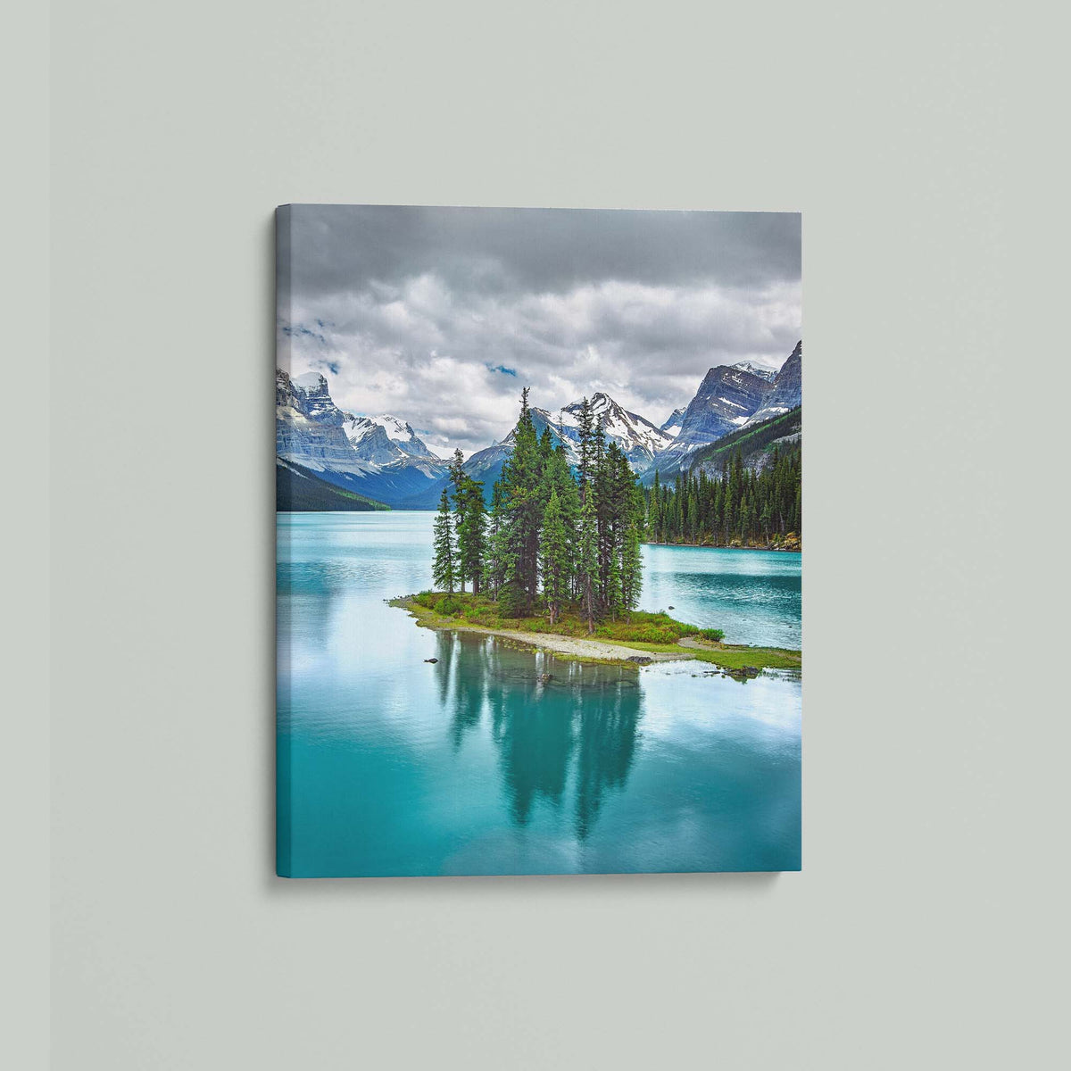 Spirit of Solitude, Spirit Island on Maligne Lake in Jasper National Park, as a stretched canvas shown at an angle