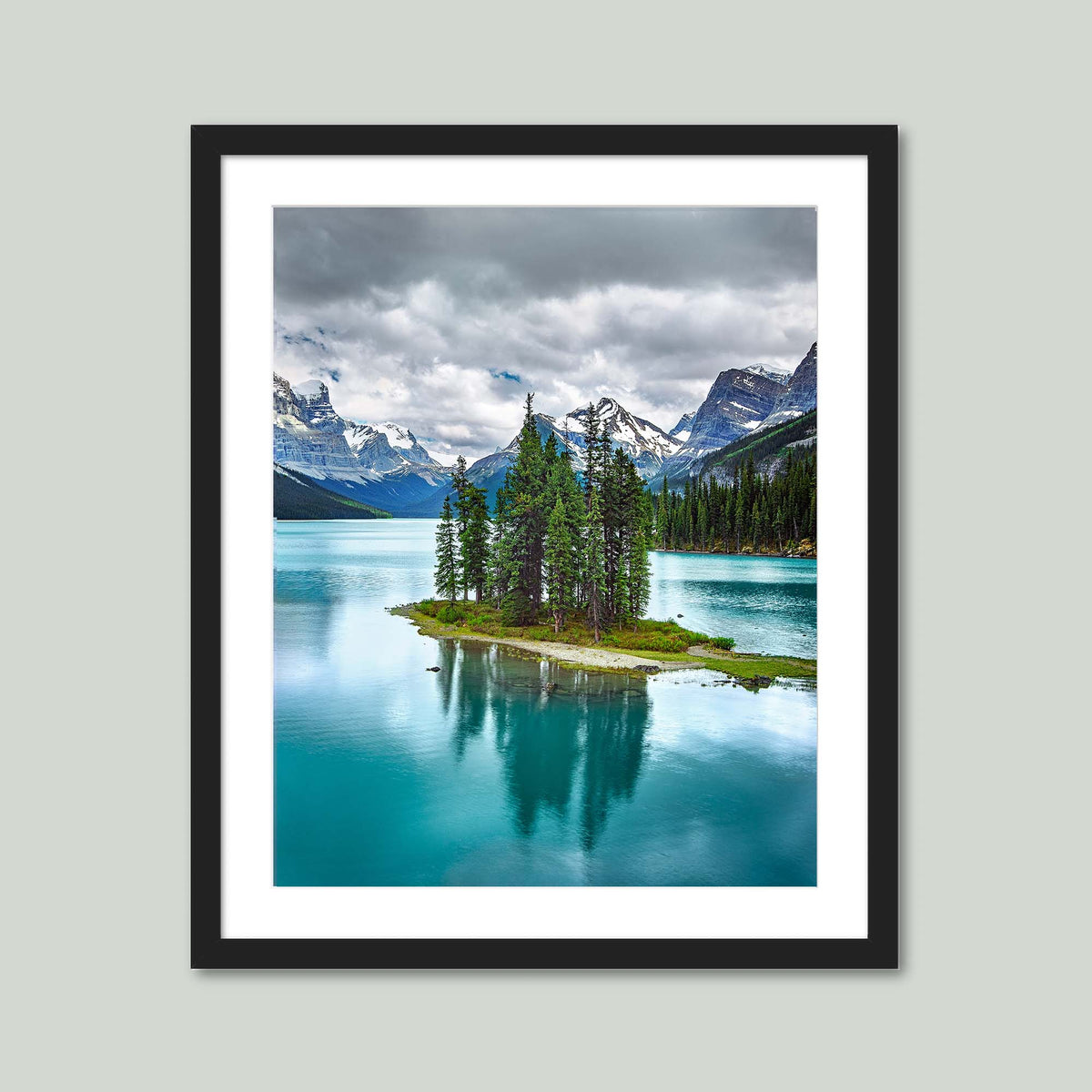 Spirit of Solitude, Spirit Island on Maligne Lake in Jasper National Park, in a black frame with a white mat