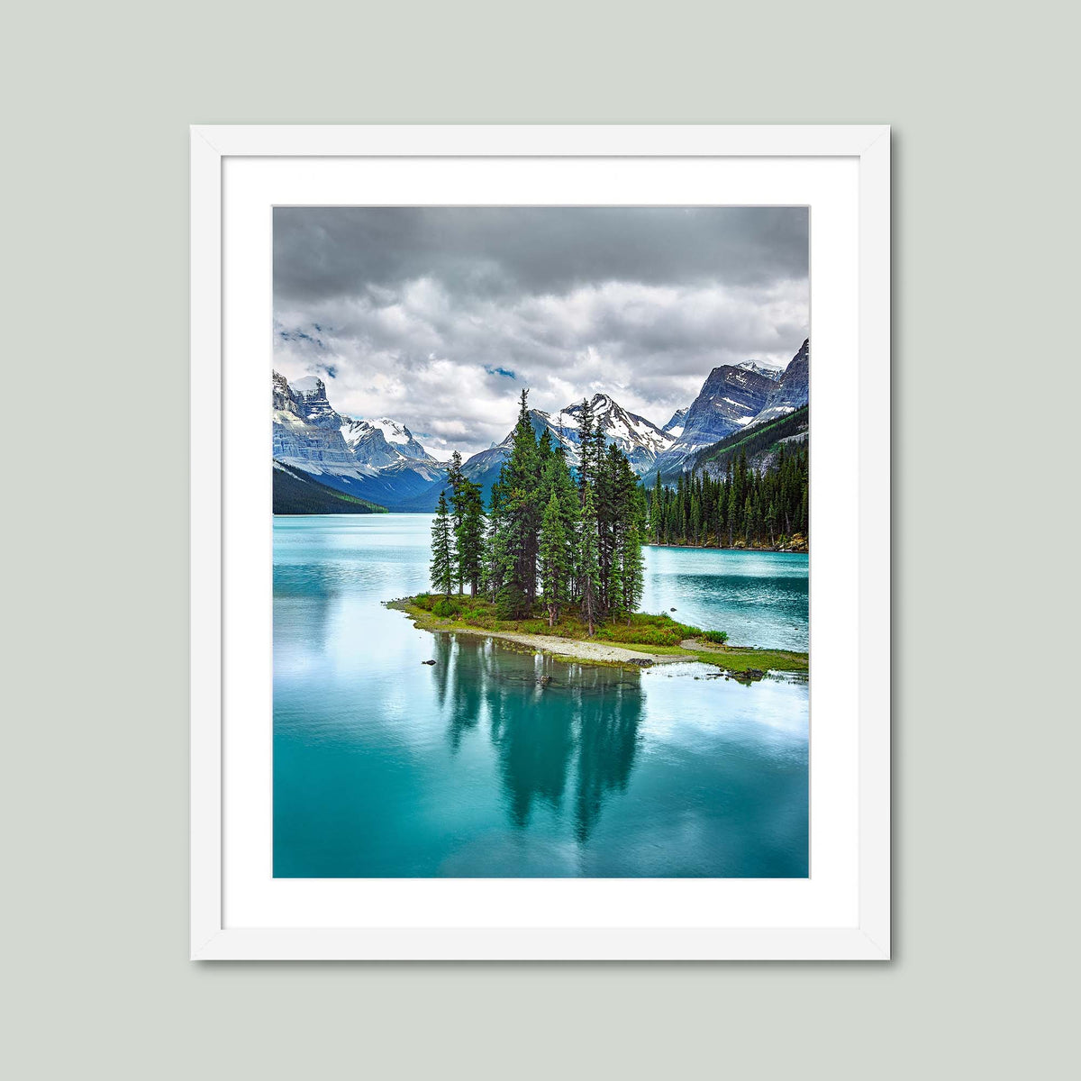 Spirit of Solitude, Spirit Island on Maligne Lake in Jasper National Park, in a white frame with a white mat