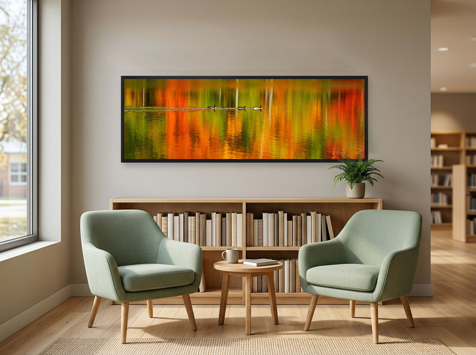 A school library reading corner with two sage green armchairs and a bookshelf beneath Painted Water, a panoramic photograph of geese crossing autumn reflections, in a black frame