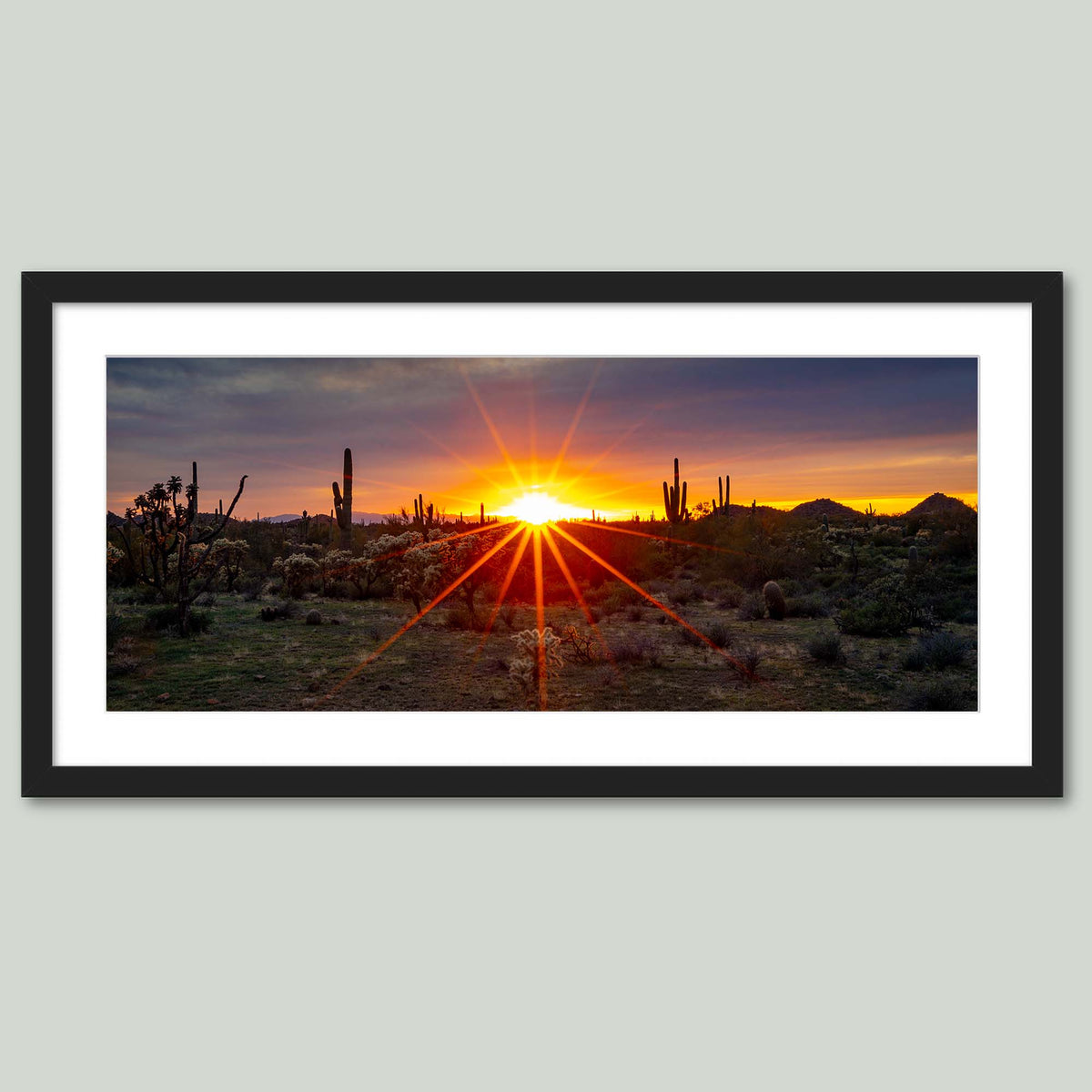 Where the Desert Exhales, a sunset sunburst over saguaro and cholla cacti in the Sonoran Desert of Arizona, in a black frame with a white mat